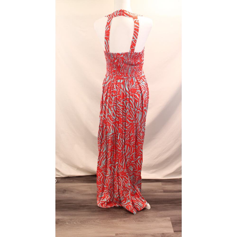 Womens Rayon Maxi Dress size M Red Blue Lined Geometric Smocked Back Boho Chic - Picture 3 of 11